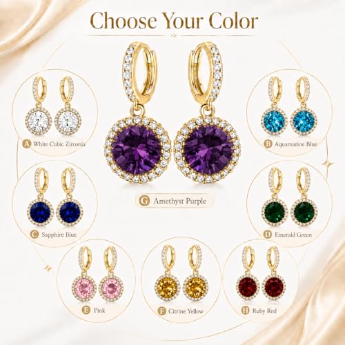 14K Gold Plated Hoop Dangle Earrings for Women, Hypoallergenic Colorful Cubic Zirconia Drop Earrings, Lightweight Huggie Earrings for Women - color: Gold/Amethyst Purple
