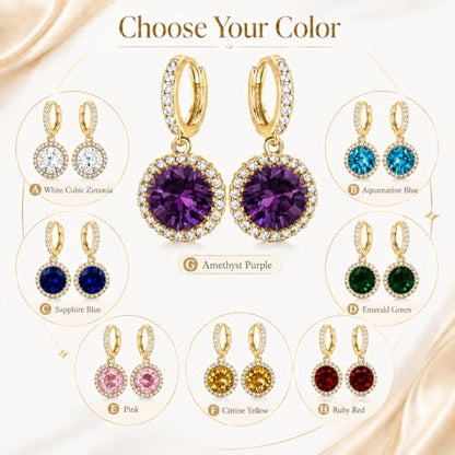 14K Gold Plated Hoop Dangle Earrings for Women, Hypoallergenic Colorful Cubic Zirconia Drop Earrings, Lightweight Huggie Earrings for Women - color: Gold/Amethyst Purple