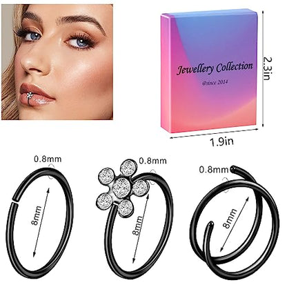 ONESING 9-40 Pcs Nose Rings - Hoops, Studs & L Shape - Hypoallergenic Stainless Steel Nose Piercings for Women & Men - color: Black-33pcs