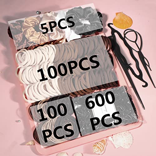 YANRONG Brown Hair Ties For Women Girls,Elastic Ponytail Holders Rubber Band For Thick Hair & Thin Hair Fashion Hair Accessories Set（809PCS） - color: Brown