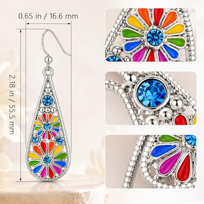 Bohemian Crystal Teardrop Dangle Earrings, Copper, Tribal Geometric Design, Handmade National Style for Women - color: Rainbow