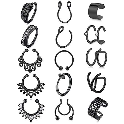 Fake Nose Ring Hoop Double Fake Septum Rings Fake Nose Piercing Clip on Earring Hoops Faux Nose Rings Lip Ring - color: style -D4 -black