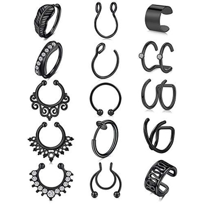 Fake Nose Ring Hoop Double Fake Septum Rings Fake Nose Piercing Clip on Earring Hoops Faux Nose Rings Lip Ring - color: style -D4 -black