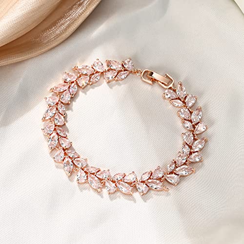 Crysdue Marquise Teardrop Cubic Zirconia Wedding Bridal & Prom Tennis Bracelets for Brides Bridesmaids, Silver/Gold/Rose Gold Plated Bracelet Gifts for Women - style: B_Rose Gold Tone 7.3-8.6"