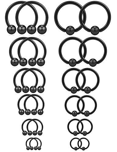 16-24PCS 16G Surgical Steel Horseshoe & Captive Bead Nose Hoop Septum Earring Eyebrow Tongue Lip Nipple Helix Tragus Piercing Jewelry Rings 6-16mm - color: 24PCS - Black