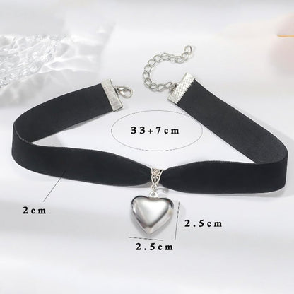 Puffy Heart Necklace for Women Crystal Heart Chunky Necklace Pendant Black Velvet Choker Necklace Christmas Jewelry Gift - color: Silver