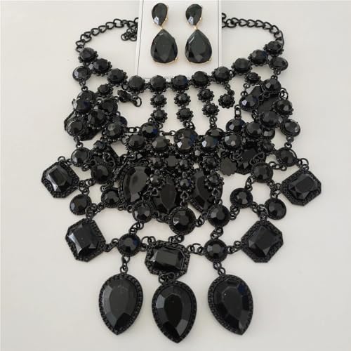 925 Sterling Silver Bib Jewelry Sets For Women - ZA Indian Ethnic Round Water Drop Crystal Tassel Necklace Earrings Jewelry Sets Statement Large, Chunky Rhinestone Necklace - color: Black Sets - Bib Necklace