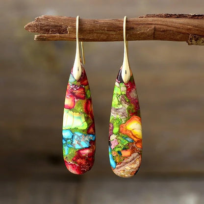 Boho Natural Imperial Jasper Teardrop Dangle Earrings for Women – Hypoallergenic French Hook Stone Drop Earrings Jewelry - color: Colorful Golden Hook #2