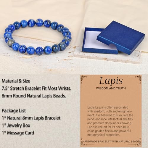 LPBeads Handmade Natural Gemstone Stretch Elastic Bracelet Healing Crystal Round Stone Beads Jewelry Gifts for Women Men - color: Lapis Lazuli, size: 8mm