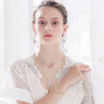 Jewelry Set for Women, Necklace Dangle Earrings Bracelet Set with White AAA Cubic Zirconia, Allergy Free Wedding Party Jewelry for Bridal Bridesmaid - color: Necklace + Earrings + Bracelet- gold plated