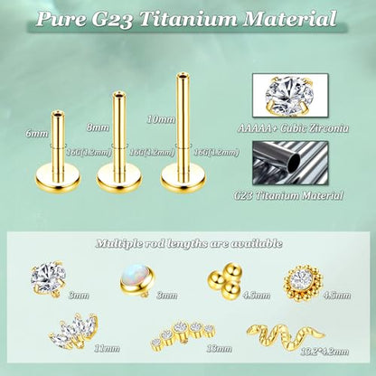 LOLIAS 16G G23 Titanium Tragus Conch Helix Piercing Jewelry 6mm 8mm 10mm - Internally Threaded Flat Back Stud Cartilage Earrings Hypoallergenic Forward Earlobe Labret Tragus Piercing Jewelry - color: 5 CZ-14K Gold
