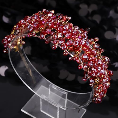 Octwine Vintage Bridal Gold Green Headpiece Handmade Wedding Headband Hair Vine Rhinestoens Headband Bridal Wedding Hair Accessories (Red, Width1.9inches) - color: Red