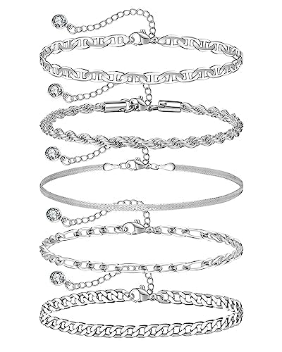 Sterling Silver Ankle Bracelets for Women Strong Lobster Clasp - Cuban Link, Figaro, Rope, Flat Mariner, Snake Herringbone, Satellite, Paperclip - Summer Beach Waterproof Silver Anklet - color: Cuban Link, Figaro, Rope, Flat Mariner, Snake