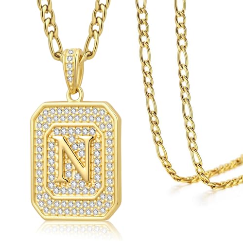 Initial Letter Pendant Necklace for Men Women, 14K/18K Gold A-Z | Square Monogram Pendant Jewelry Waterproof and colorfast with Figaro Chain, Gifts for Women Men - style: 14K Gold N