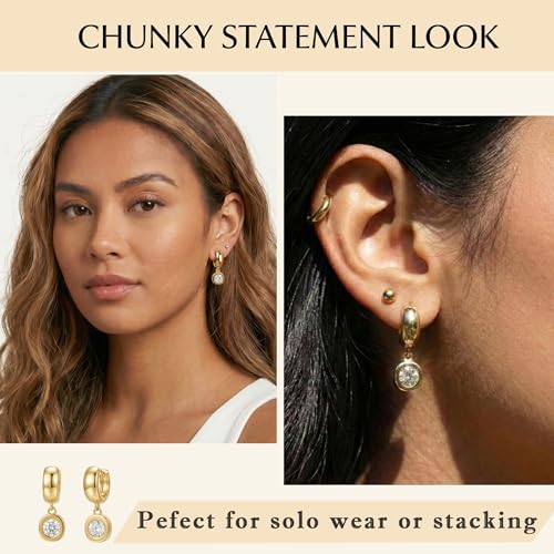 NIXMAX Trendy Gold Dangle Earrings for Women, Chunky Statement CZ Hoops | Bezel-Set Cubic Zirconia Charm, 14K Gold Plated, Lightweight Hypoallergenic Jewelry, Fashion Accessories, Gifts for Women - color: Gold-Chunky Round Hoops