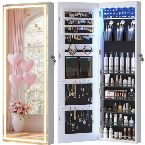 Wall Mounted Jewelry Organizer with Full Length Mirror, 42.5", White | Over the Door Mirror with Storage, Lockable Jewelry Cabinet for Earring Ring Necklace, Large Capacity, Gift for Women - color: White