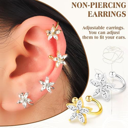 Ear Cuffs Non Piercing for Women Flower Earring Cuff Gold Non Pierced Lightweight Hypoallergenic Cartilage Earrings Dainty Jewelry Gift - color: Gold+Sliver+2Pair