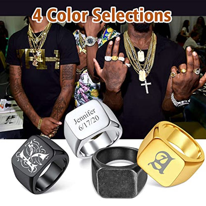 FindChic Customized Signet Photo Rings Square/Heart/Round Chunky Band Ring Stainless Steel/18K Gold Plated/Black Size 7 to 14 Personalized Jewelry for Men Women, Send Gift Box - color: 01. personalized monogram square (stainless steel)