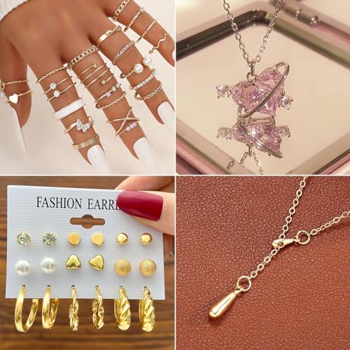 116Pieces Gold Plated Jewelry Set with 8 PCS Necklace, 22 PCS Bracelet, 66 PCS Stud Dangle Earring, 20 Pcs Knuckle Rings for Women Valentine Anniversary Friendship Gifts (GOLD SET)