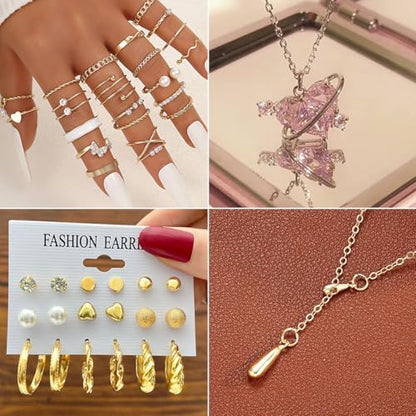 116Pieces Gold Plated Jewelry Set with 8 PCS Necklace, 22 PCS Bracelet, 66 PCS Stud Dangle Earring, 20 Pcs Knuckle Rings for Women Valentine Anniversary Friendship Gifts (GOLD SET)