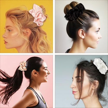 Large Silk Scrunchies for Women - 6PCS Satin Hair Ties Oversized, No Damage Hair Bands Gentle for Thick/Long Hair, Soft & Comfortable for Sleeping, Gym, Travel (Red/Black/Brown)