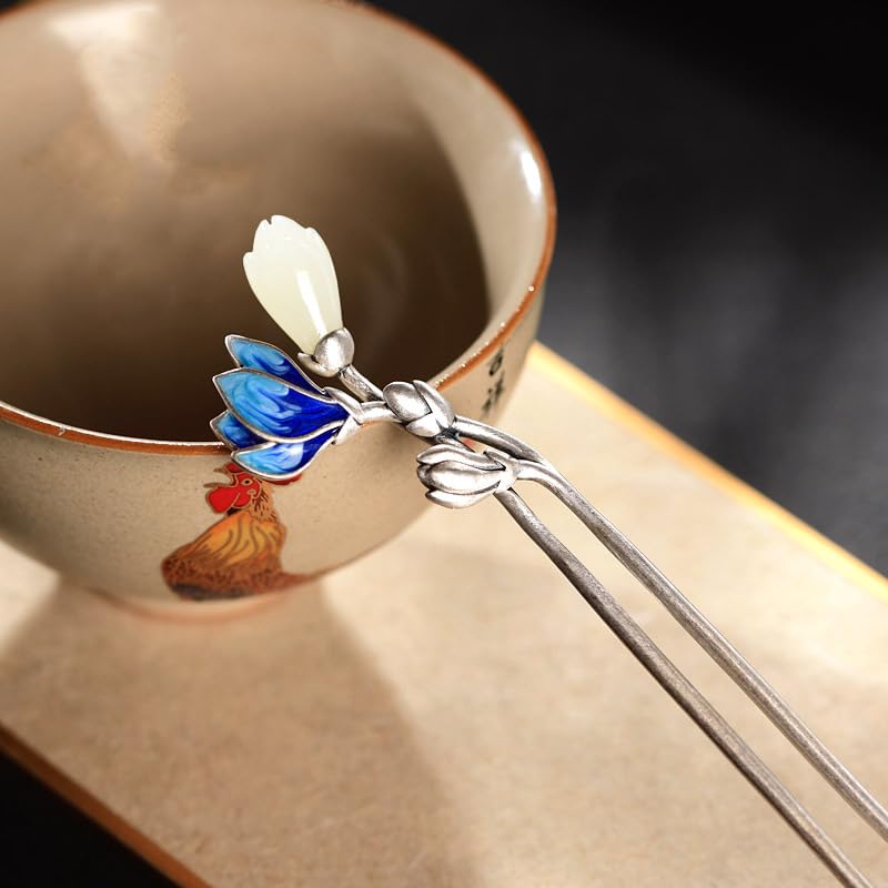 S925 Silver Plated Jingde Blue with Jade Hairpin Chinese Hanfu Style Hair Sticks Retro Handmade Hair Clip for Women Girls Long Hair - color: Lotus Butterfly
