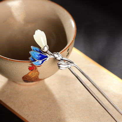 S925 Silver Plated Jingde Blue with Jade Hairpin Chinese Hanfu Style Hair Sticks Retro Handmade Hair Clip for Women Girls Long Hair - color: Lotus Butterfly