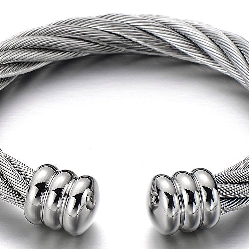 COOLSTEELANDBEYOND Large Elastic Adjustable Steel Twisted Wire Cuff Bangle Bracelet for Men Women - color: A-Metal Color: Silver
