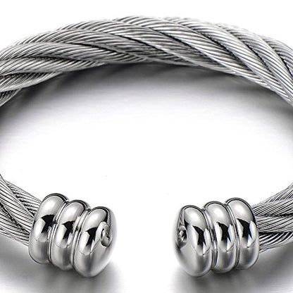 COOLSTEELANDBEYOND Large Elastic Adjustable Steel Twisted Wire Cuff Bangle Bracelet for Men Women - color: A-Metal Color: Silver