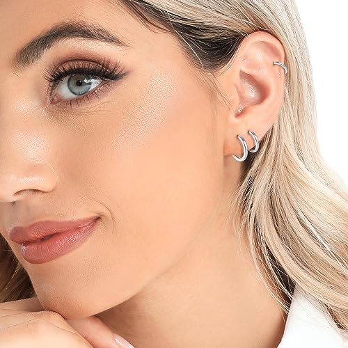 3 Pairs 925 Sterling Silver Hoop Earrings 14K White Gold Plated Small Silver Hoops Cartilage Huggie Earrings for Women Men - color: L-Silver 6/8/10/12mm