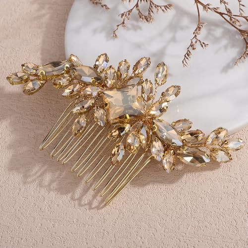 Square Rhinestone Hair Comb Silver Gold Rhinestone Wedding Headpiece Handmade Crystal Bridal Hair Comb Bridal Hairpiece for Brides Bridesmaid (champagne) - color: champagne
