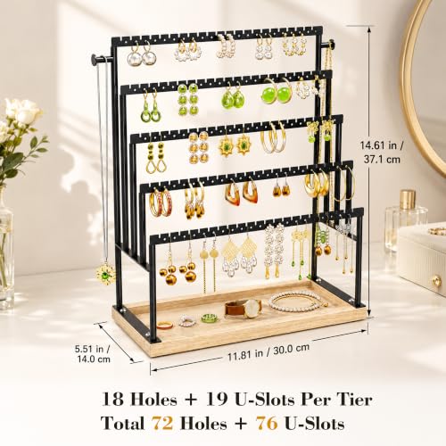 Large 5 Tier Earring Organizer and Holder, Black | 100+ pair earring storage, jewelry holder stand, clean white finish, ideal for bright bedrooms and modern vanities - color: Black