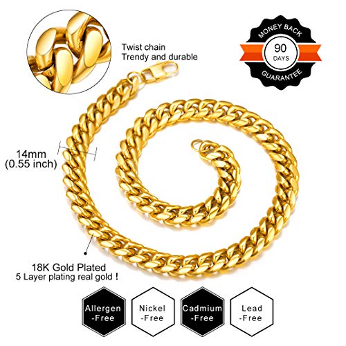 GoldChic JEWELRY Chunky Cuban Chains for Men,Stainless Steel Cuban Chain Necklace, Venetian Chain Curb Chain Hip Hop Jewelry,4/6/9/12/14mm Width,14-30 inch Length, Black/Gold Plated/Silver - color: Gold, size: 20"(51cm), style: Cuban Chain-14MM width