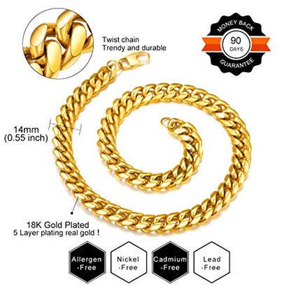 GoldChic JEWELRY Chunky Cuban Chains for Men,Stainless Steel Cuban Chain Necklace, Venetian Chain Curb Chain Hip Hop Jewelry,4/6/9/12/14mm Width,14-30 inch Length, Black/Gold Plated/Silver - color: Gold, size: 20"(51cm), style: Cuban Chain-14MM width