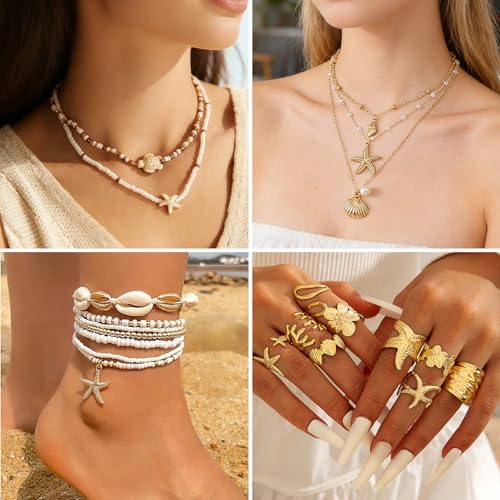 Boho Beach Jewelry Sets for Women | Summer Seashell Starfish Accessories, Necklace, Earrings, Rings Anklet - style: 24pcs Boho Beach Set