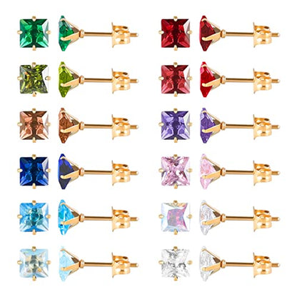 12 Pairs 18K Gold Plated Surgical Stainless Steel Stud Earrings, Star Heart Square Stud Earring for Women, Cubic Zirconia Birthstone Stud Earrings Set - color: Gold Square 4mm