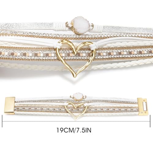 Suyi Multilayer Leather Wrap Bracelet Heart-Shape Wide Bracelets for Women - color: White