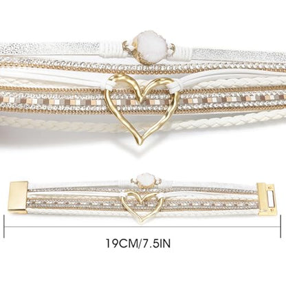 Suyi Multilayer Leather Wrap Bracelet Heart-Shape Wide Bracelets for Women - color: White