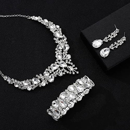 Rhinestone Bridal Jewelry Sets for Women Crystal Necklace Earrings Bracelet Set Silver-Tone Wedding Bridal Bridesmaid Gifts fit with Wedding Dress - color: A:3pcs-Silver Tone Necklace + Earrings + Bracelet set