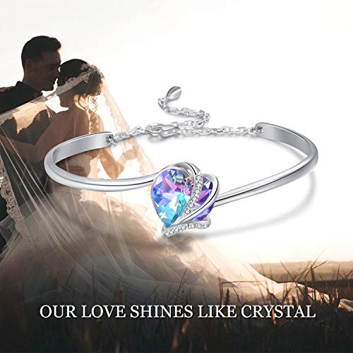 AOBOCO I Love You Jewelry - Sterling Silver Blue Purple Love Heart Bangle Bracelet Embellished with Crystals from Austria, Fine Anniversary Birthday Jewelry Gifts for Women - style: 01 Blue Purple Bracelet