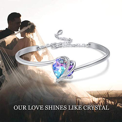 AOBOCO I Love You Jewelry - Sterling Silver Blue Purple Love Heart Bangle Bracelet Embellished with Crystals from Austria, Fine Anniversary Birthday Jewelry Gifts for Women - style: 01 Blue Purple Bracelet