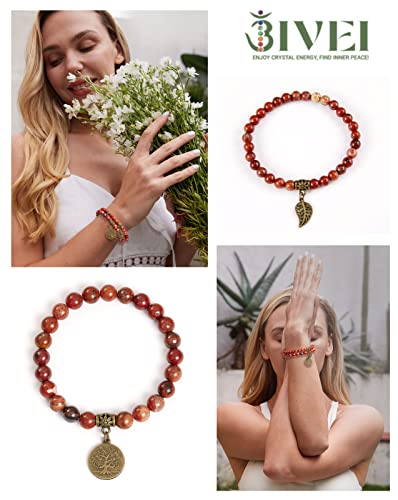 Bivei Natural Semi Precious Gemstone beads bracelet for women - Life Tree and Leaf Charm Energy Reiki Crystal Stretch Bracelets - color: Red Jasper Bracelet Set, size: Medium:6.8-7.24inch