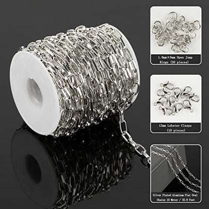 32.8 Feet Aluminum Flat Oval Silver Chains for Jewelry Making Unwelded Paperclip Link Cable Chain Spool Necklace Chains Bulk with Lobster Clasps and Jump Rings - color: 5.5×11mm-Silver