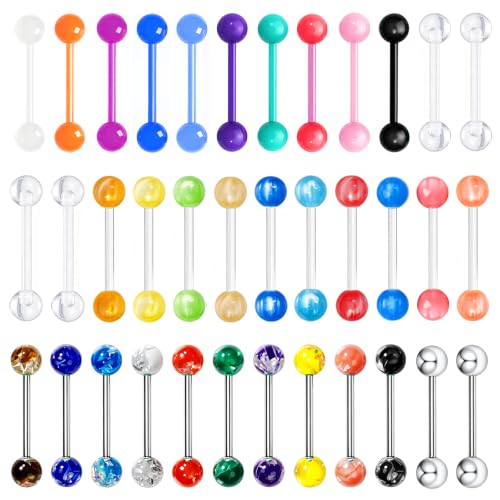 14G Flexible Plastic Tongue Ring Stainless Steel Tongue Barbell | Acrylic Cat's Eye Imitation Opal Glow in Dark Tongue Piercing Jewelry for Women Men 16mm Bar - style: 36PCS