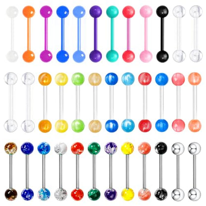 14G Flexible Plastic Tongue Ring Stainless Steel Tongue Barbell | Acrylic Cat's Eye Imitation Opal Glow in Dark Tongue Piercing Jewelry for Women Men 16mm Bar - style: 36PCS