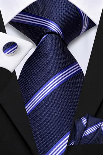 Hi-Tie Men's Silk Ties Formal Woven Classic Necktie Pocket Square Cufflinks Lapel Pin Set Wedding Business - color: B Navy Blue