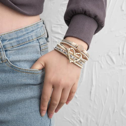 Rantanto Leather Wrap Bracelets For Women Gold Twist Lock Buckle Wrist Cuff | PU leather,Skin-friendly,Boho Stackable Wristband,Fashion Daily Jewelry,Trend Casual Party Bangle,Fit For Birthday, Holiday - color: Heart Beige