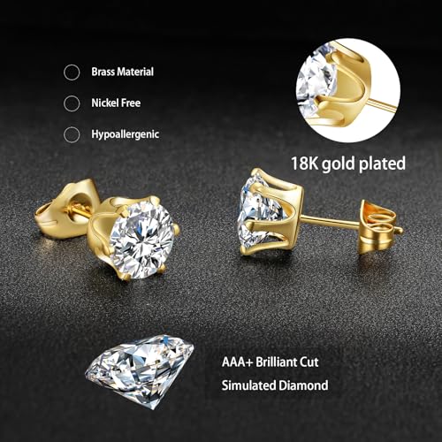 Gemsme 5 Pairs Princess Cut Cubic Zirconia Stud Earrings for Women/Men - 18K Gold Plated Hypoallergenic 3-7mm Square Clear CZ Earring Set - color: Yellow Gold-Round 6 Prong
