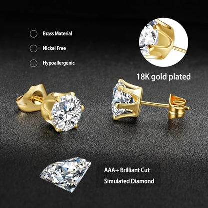 Gemsme 5 Pairs Princess Cut Cubic Zirconia Stud Earrings for Women/Men - 18K Gold Plated Hypoallergenic 3-7mm Square Clear CZ Earring Set - color: Yellow Gold-Round 6 Prong
