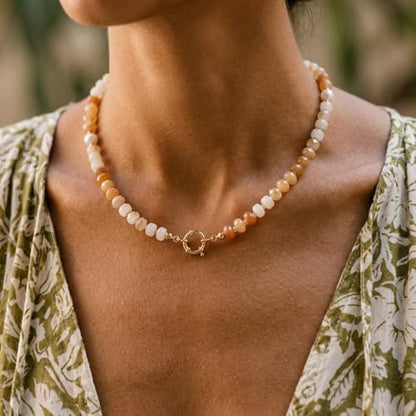 BELLA-Bee Natural Stone Beaded Choker, Multi Color Boho Jewelry Gift | Small bead natural stone choker with stainless steel ring clasp — multicolor stone, handmade healing jewelry for vacation - color: Brown